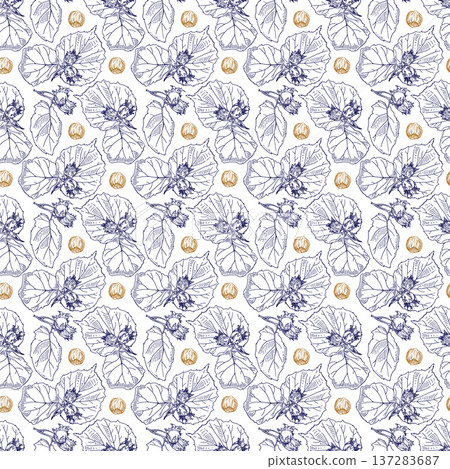 Hazelnut seamless pattern. Square vector illustration with nuts and leaves. Hazelnut seamless pattern. Square vector illustration with nuts and leaves. 137283687