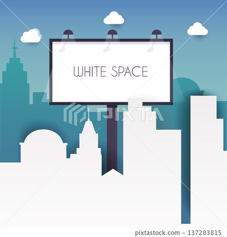 Billboard with copy space text standing high over large city street skyscrapers buildings. Flat design modern vector illustration concept. Billboard with copy space text standing high over large city street skyscrapers buildings. Flat design modern vector illustration concept. 137283815