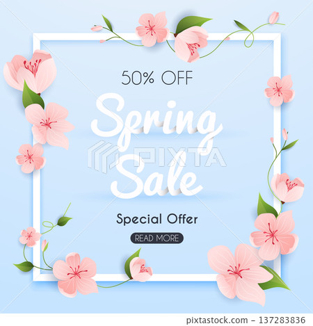 Sale Banner with flowers, Poster, Flyer. Vector illustration. 137283836