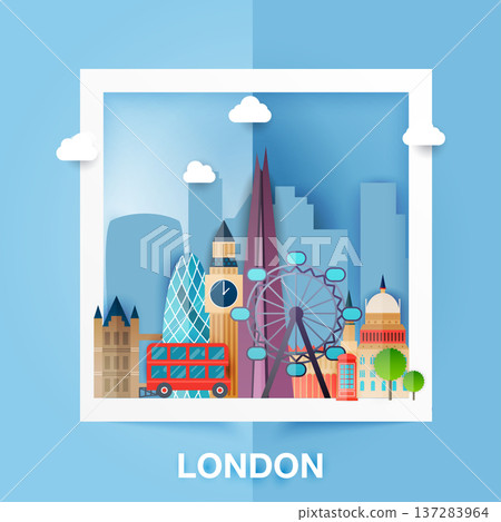 London. Skyline and vector landscape of buildings the capital of Great Britain. Big Ben, bridge, double decker and telephone. Paper Style. Vector illustration. London. Skyline and vector landscape of buildings the capital of Great Britain. Big Ben, bridge, double decker and telephone. Paper Style. Vector illustration. 137283964