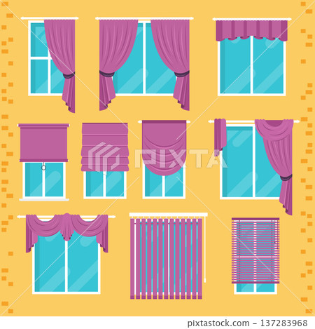 Collection of various window treatments: curtains, drapery, shades, blinds. Flat design modern vector illustration Collection of various window treatments: curtains, drapery, shades, blinds. Flat design modern vector illustration 137283968