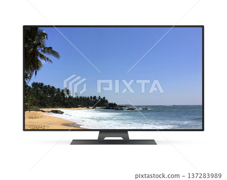 LCD smart tv with tropical ocean beach on screen isolated on white background LCD smart tv with tropical ocean beach on screen isolated on white background 137283989