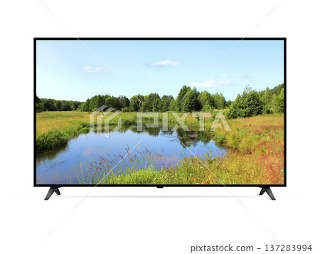 TV set with nature landscape on screen isolated on white 137283994