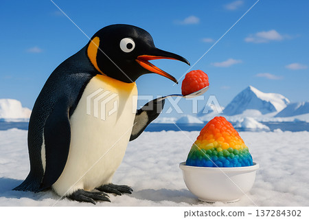 Penguin eating shaved ice Penguin eating shaved ice 137284302