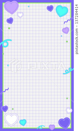 復古波普藍色網格邊框背景，飾以可愛的心形和圖案，呈現垂直排列 137284414