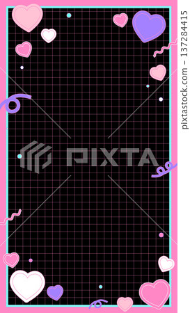 直式版可愛淺粉色復古波普風格網格邊框，黑色背景上點綴著心形和各種形狀。 137284415