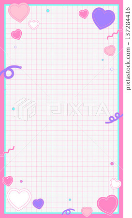 A vertically sized, pale pink retro pop grid frame background with cute hearts and shapes. 137284416