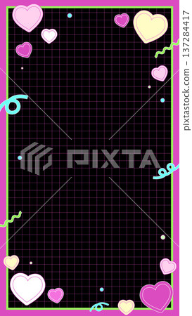 Vertically sized, cute hearts and shapes in vivid pink retro pop grid frame on a black background 137284417