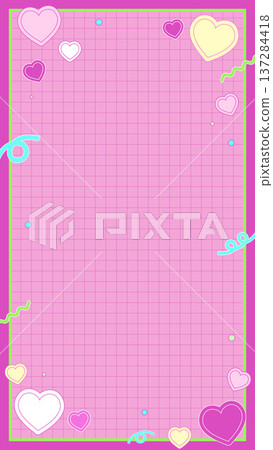 A vertically sized, vivid pink retro pop grid frame background with cute hearts and shapes. 137284418