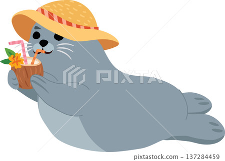Adorable seal character lying on a beach and enjoying a coconut drink under a straw hat in a tropical summer Adorable seal character lying on a beach and enjoying a coconut drink under a straw hat in a tropical summer 137284459