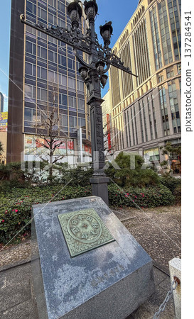 Historical streetscape of Nihonbashi Bridge with its Japanese road origin marker and decorative columns 137284541