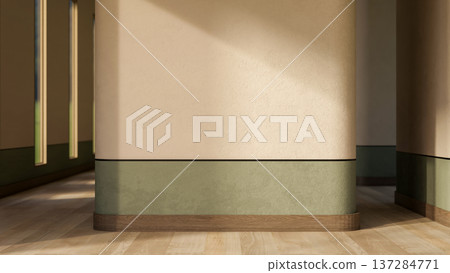 Green strip square pillar on wooden parquet floor corridor and sunlight through building shear wall. 137284771