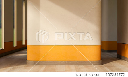 Yellow strip square pillar on wooden parquet floor corridor and sunlight through building shear wall 137284772