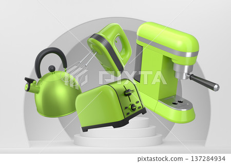 Assorted kitchen appliances including mixer, toaster, kettle and coffee maker over podium on abstract background Assorted kitchen appliances including mixer, toaster, kettle and coffee maker over podium on abstract background 137284934