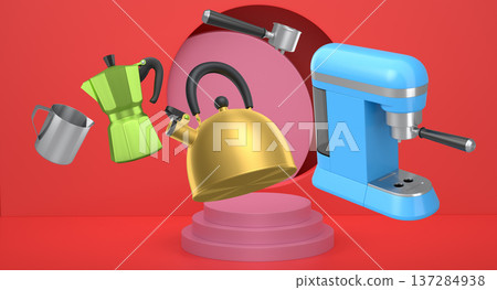 Set of kettle, moka pot and portafilter with black handles floating above pedestal and abstract minimal abstract background, Set of kettle, moka pot and portafilter with black handles floating above pedestal and abstract minimal abstract background, 137284938