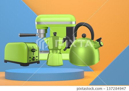Assorted kitchen appliances including toaster, kettle and coffee maker over podium on abstract background 137284947