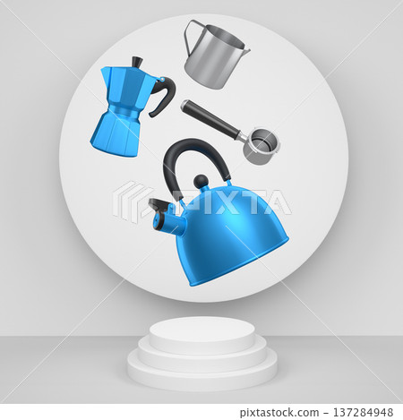 Set of kettle, moka pot and portafilter with black handles floating above pedestal and abstract minimal abstract background, Set of kettle, moka pot and portafilter with black handles floating above pedestal and abstract minimal abstract background, 137284948
