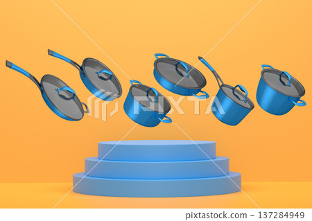 Set of kitchen cookware set with lids floating in midair, over colorfull podium and backdrop, concept of premium utensils Set of kitchen cookware set with lids floating in midair, over colorfull podium and backdrop, concept of premium utensils 137284949