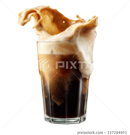 Fizzy dark soda with creamy splash isolated on white background, concept of refreshment and energy 137284951