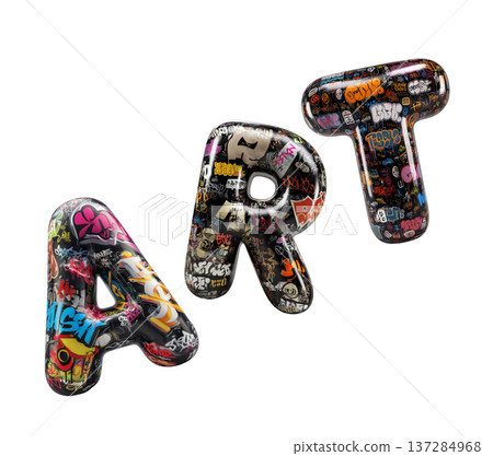 Inflatable letters spelling Art covered in colorful graffiti style isolated on white background, concept of explosive urban art Inflatable letters spelling Art covered in colorful graffiti style isolated on white background, concept of explosive urban art 137284968