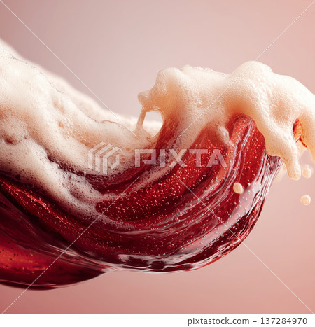 Red beer splash with a mildly overflowing creamy foam twisted on soft pink background, concept of freshness, energy and vitality Red beer splash with a mildly overflowing creamy foam twisted on soft pink background, concept of freshness, energy and vitality 137284970