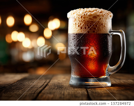 Frothy golden amber beer mug in closeup, on blurred pub lights background, concept of refreshment and relaxation Frothy golden amber beer mug in closeup, on blurred pub lights background, concept of refreshment and relaxation 137284972