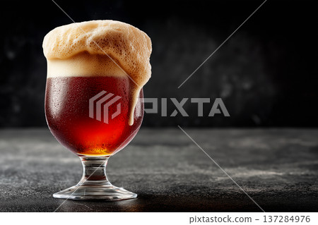 A glass of dark beer with rich foam shown on a dark background, concept of refreshment and craft brewing 137284976