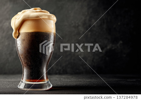 Frothy stout beer tall glass on dark background with copy space for text, representing refreshment and rich beverage appeal Frothy stout beer tall glass on dark background with copy space for text, representing refreshment and rich beverage appeal 137284978