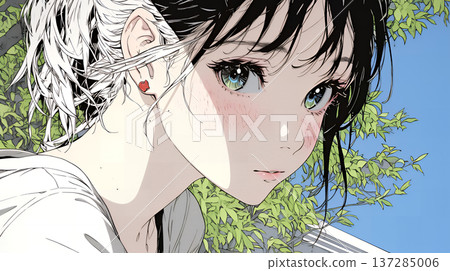 一位好奇的年輕女子目光炯炯地凝視著。 137285006