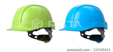 Set of construction safety helmets isolated on white transparent background, symbolizing safety and industry standards 137285033