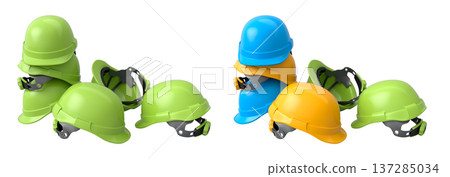 Set of construction safety helmets isolated on white transparent background, symbolizing safety and industry standards 137285034