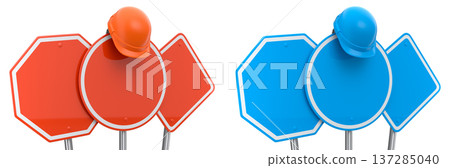 Blank traffic signs with different shapes and colors on metal poles on white background with clipping path, concept of road safety Blank traffic signs with different shapes and colors on metal poles on white background with clipping path, concept of road safety 137285040