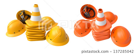 Stack of construction helmets and traffic cones isolated white background with clipping path, representing safety equipment 137285042