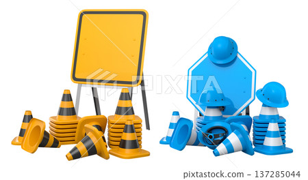 Construction hard hats, traffic cones, and road signs isolated on white background with clipping path, concept of safety gear 137285044
