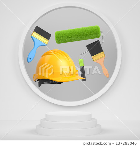 Hard hat, paint brushes and roller brush floating in air over podium on abstract background, renovation and construction tools 137285046