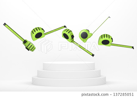 Multiple tape measures levitating in mid-air above podium, minimal style, abstract background. Concept of measurement tools 137285051