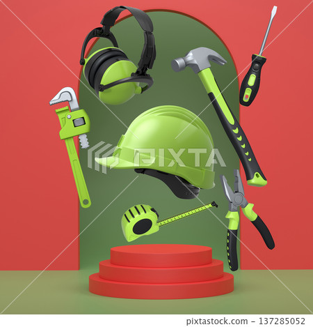 Construction tools and safety equipment floating over podium on abstract background, industrial work and protection concept 137285052