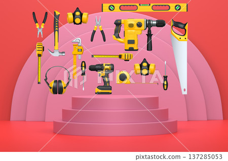Construction tools and safety equipment floating over podium on abstract background, industrial work and protection concept 137285053