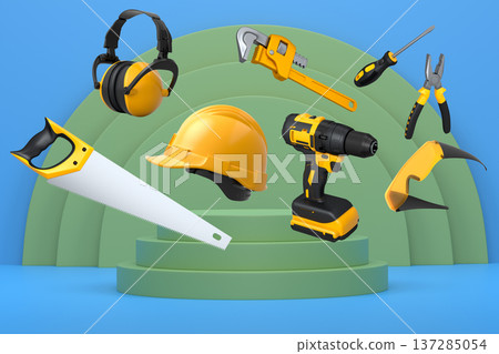 Construction tools and safety equipment floating over podium on abstract background, industrial work and protection concept 137285054