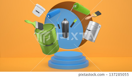 Brushes, paint bucket and roller brush floating in air over podium on abstract background, renovation and construction tools Brushes, paint bucket and roller brush floating in air over podium on abstract background, renovation and construction tools 137285055