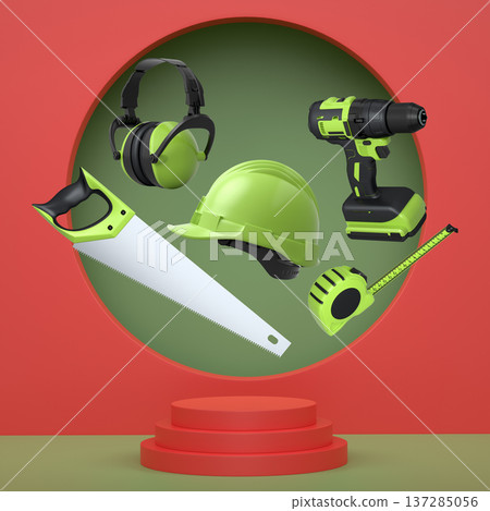 Construction tools and safety equipment floating over podium on abstract background, industrial work and protection concept 137285056