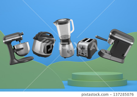 Set of kitchen appliances including mixer, toaster, blender, and coffee maker on white colorful podium and background 137285076