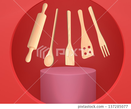 Set of kitchen utensils including rolling pin, spoon, spatula, fork, floating above colorful pedestal in minimalist background 137285077