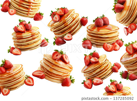 Multiple stacks of pancakes topped with strawberries and raspberries, isolated on white background, concept of breakfast variety Multiple stacks of pancakes topped with strawberries and raspberries, isolated on white background, concept of breakfast variety 137285092