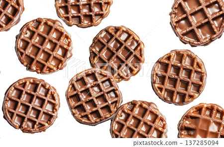 Multiple chocolate covered waffles arranged in a flat lay style isolated on white background, showing a sweet dessert food concept 137285094