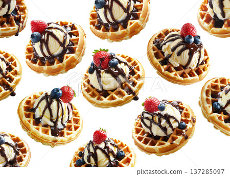 Multiple waffles topped with ice cream, chocolate and berries isolated on white background, concept of sweet dessert 137285097