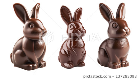 Set of chocolate bunny figurine with glossy surface, isolated on white transparent background. Easter and confectionery concept Set of chocolate bunny figurine with glossy surface, isolated on white transparent background. Easter and confectionery concept 137285098