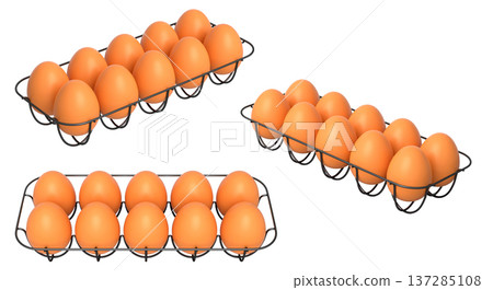Metal trays filled with neatly stacked brown eggs, isolated on white transparent background. Metal trays filled with neatly stacked brown eggs, isolated on white transparent background. 137285108