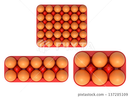 Plastic trays filled with neatly stacked brown eggs, isolated on white transparent background. Plastic trays filled with neatly stacked brown eggs, isolated on white transparent background. 137285109