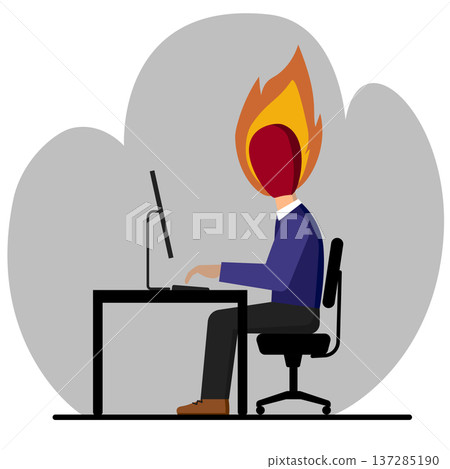 An office worker with flaming head use a PC computer on desk. Vector illustration burnout concept. 137285190